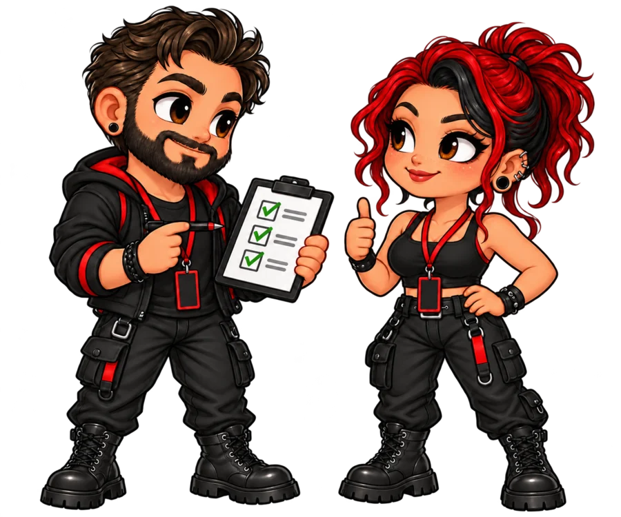 Two chibi attendees reviewing a checklist and confirming their agreement