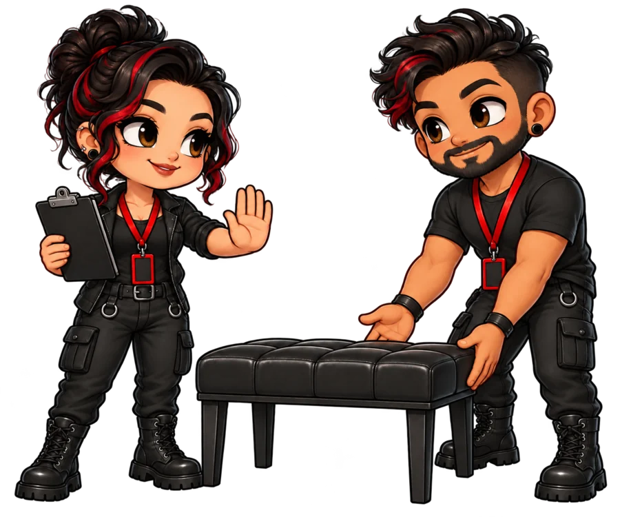 A chibi Dungeon Monitor asking an attendee to pause before moving a bench
