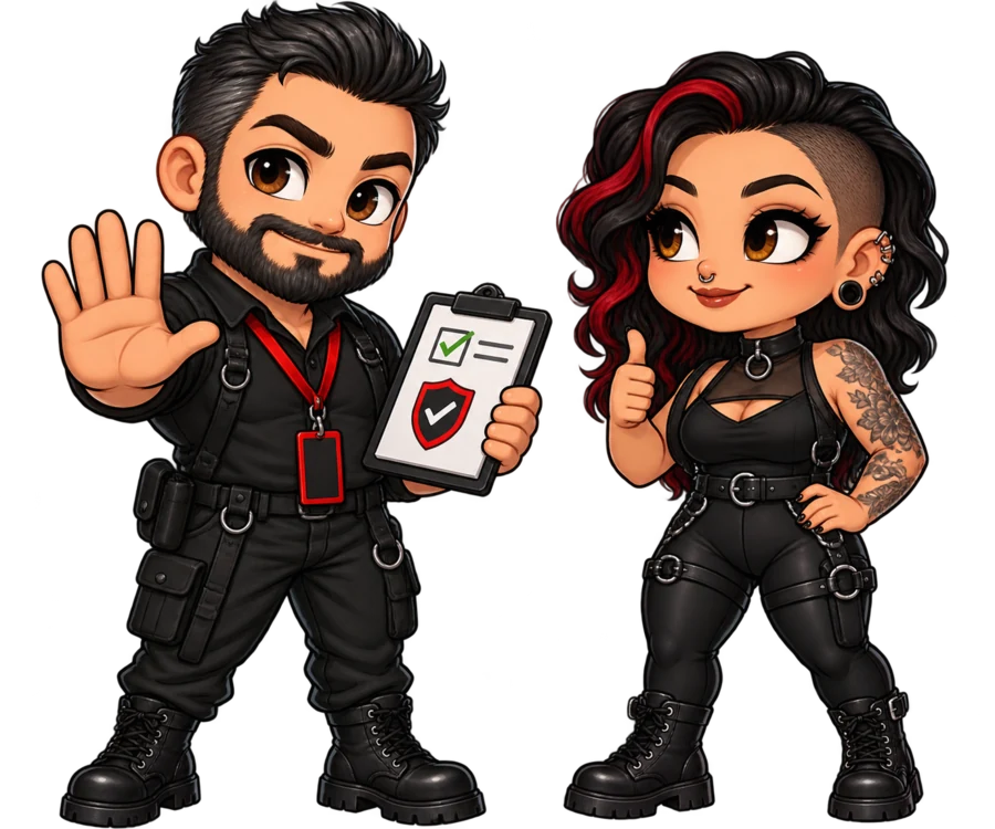 Chibi Dungeon Monitor holding up a stop hand and safety checklist beside an attendee giving a thumbs-up