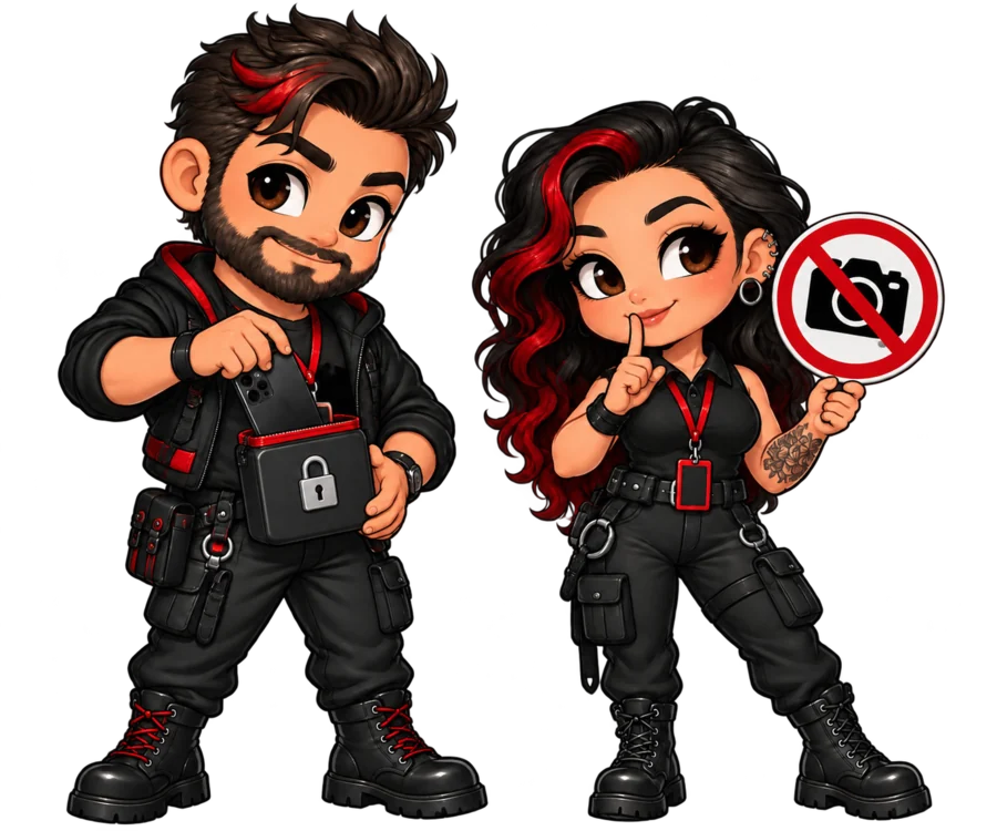 Two chibi attendees putting away a phone and displaying a no-camera reminder