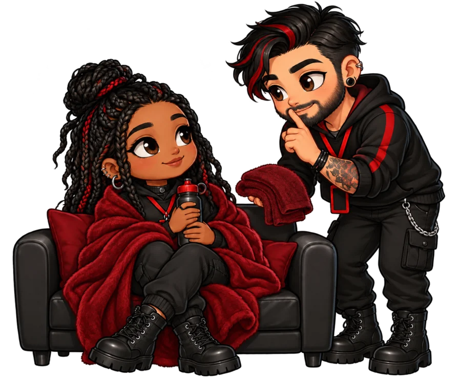 Two chibi attendees sharing water, a blanket, and a quiet aftercare moment