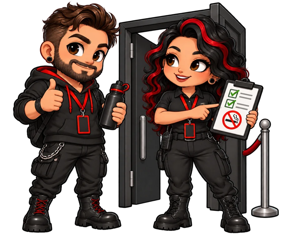 Chibi venue staff welcoming an attendee and reviewing the venue rules